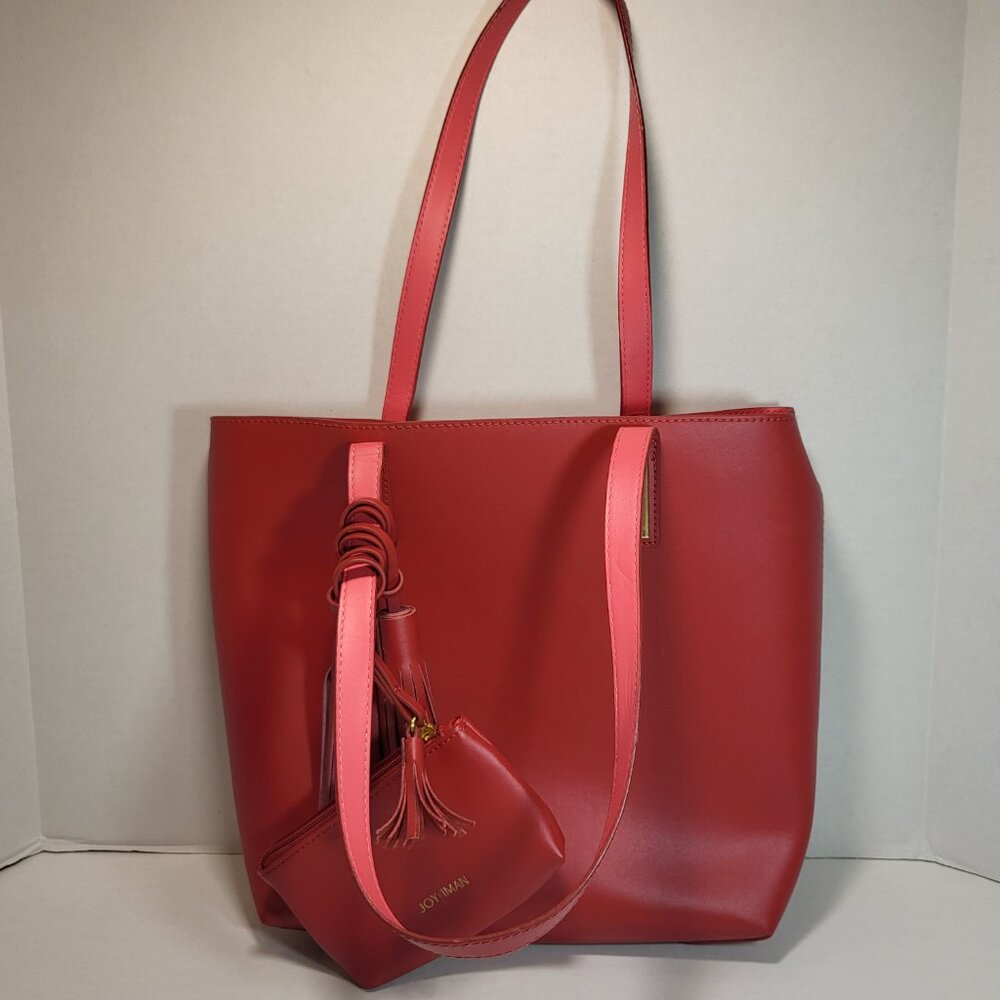 Joy & Iman Large Red Leather Tassel Tote with Wristlet and Removeable Insert - Picture 2 of 16